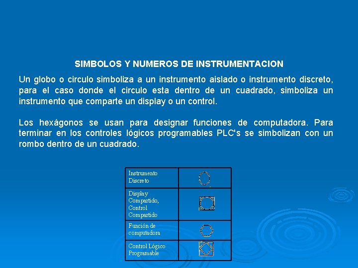 SIMBOLOS Y NUMEROS DE INSTRUMENTACION Un globo o circulo simboliza a un instrumento aislado