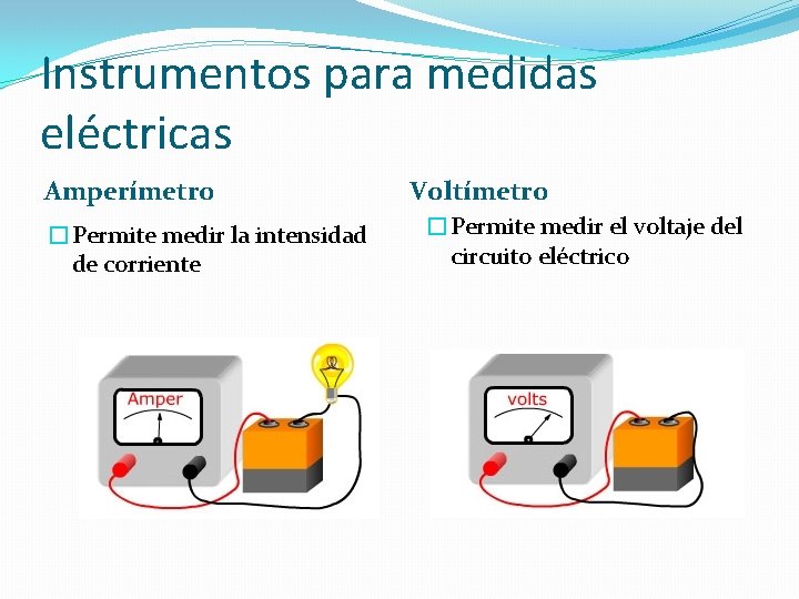 Instrumentos para medidas eléctricas Amperímetro �Permite medir la intensidad de corriente Voltímetro �Permite medir