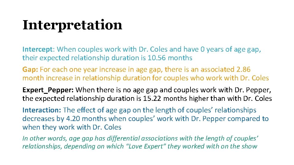Interpretation Intercept: When couples work with Dr. Coles and have 0 years of age