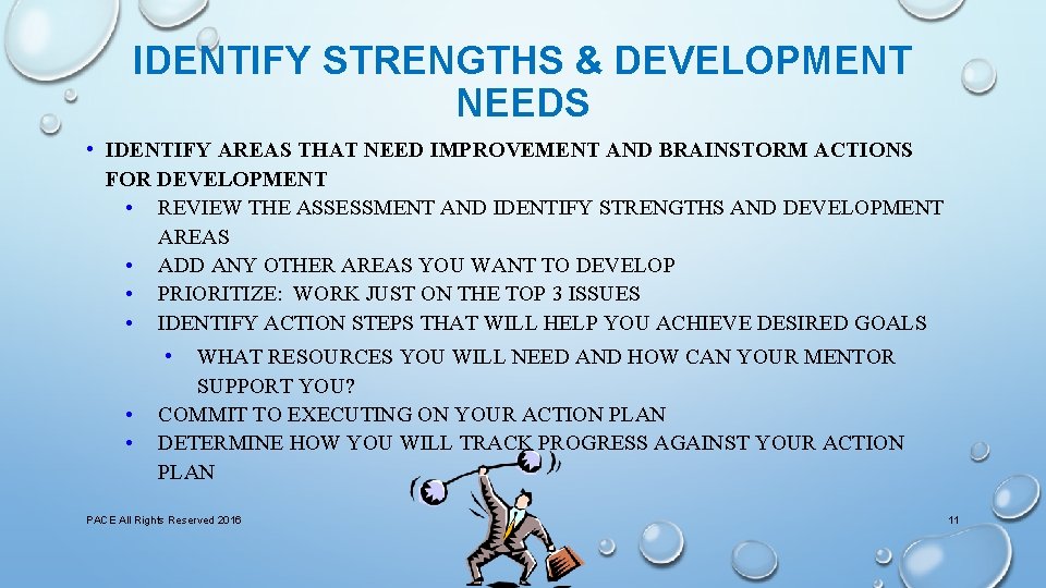 IDENTIFY STRENGTHS & DEVELOPMENT NEEDS • IDENTIFY AREAS THAT NEED IMPROVEMENT AND BRAINSTORM ACTIONS