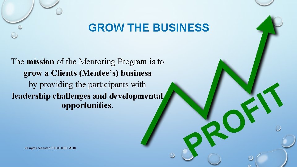 GROW THE BUSINESS The mission of the Mentoring Program is to grow a Clients