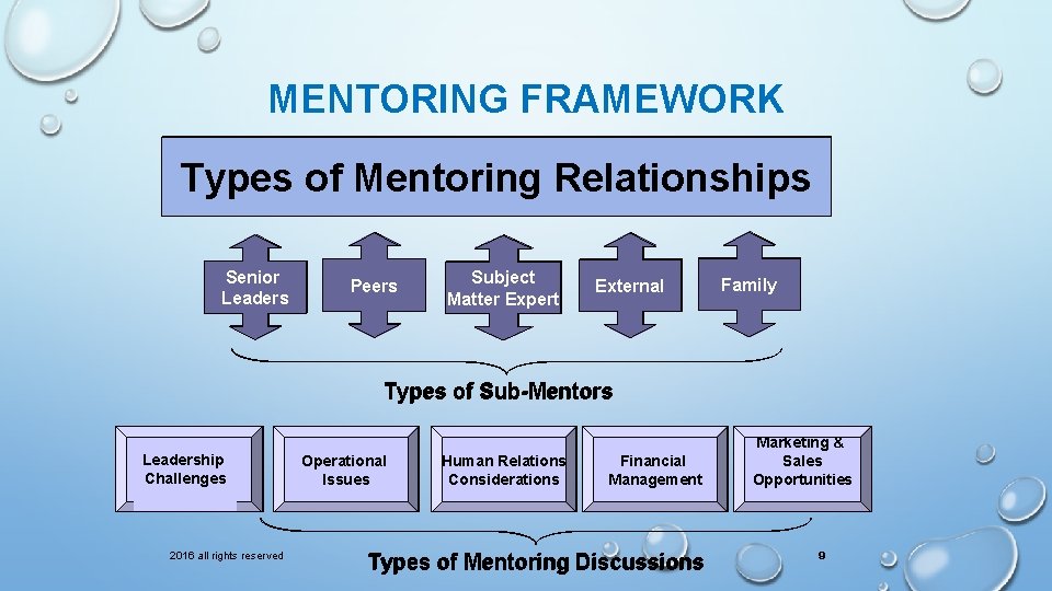 MENTORING FRAMEWORK Types of Mentoring Relationships Senior Leaders Peers Subject Matter Expert External Family