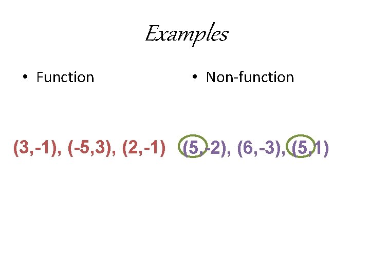 Examples • Function • Non-function (3, -1), (-5, 3), (2, -1) (5, -2), (6,