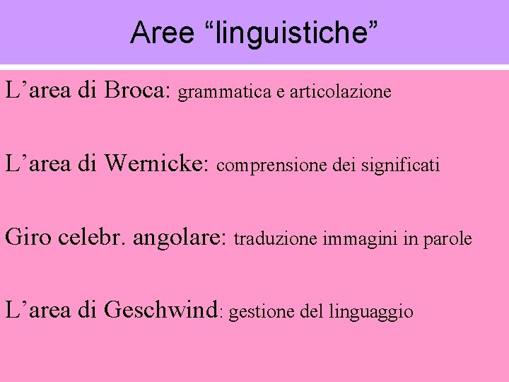 Aree “linguistiche” L’area di Broca: grammatica e articolazione L’area di Wernicke: comprensione dei significati