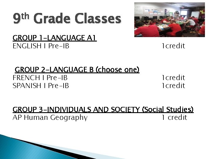 9 th Grade Classes GROUP 1 -LANGUAGE A 1 ENGLISH I Pre-IB 1 credit
