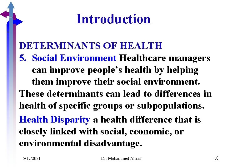 Introduction DETERMINANTS OF HEALTH 5. Social Environment Healthcare managers can improve people’s health by