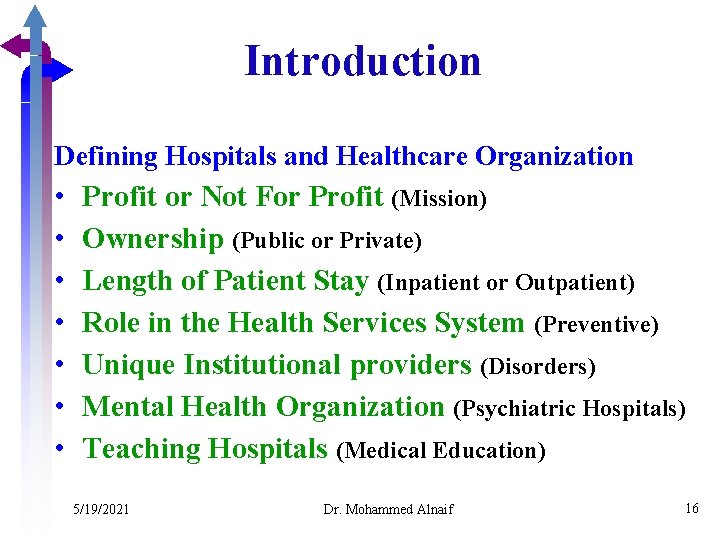 Introduction Defining Hospitals and Healthcare Organization • • Profit or Not For Profit (Mission)