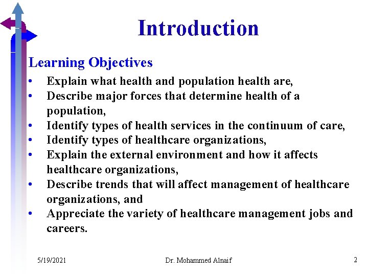Introduction Learning Objectives • • Explain what health and population health are, Describe major