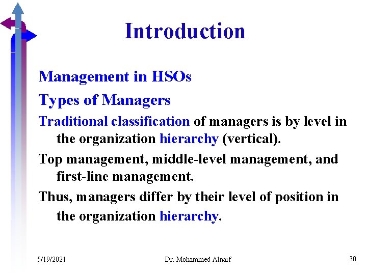 Introduction Management in HSOs Types of Managers Traditional classification of managers is by level