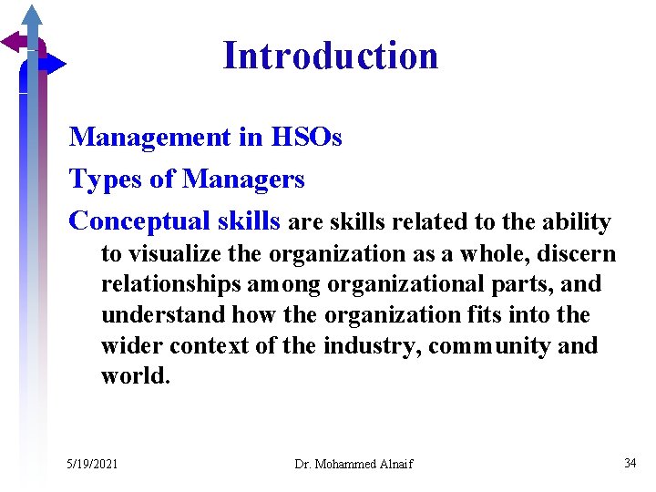 Introduction Management in HSOs Types of Managers Conceptual skills are skills related to the