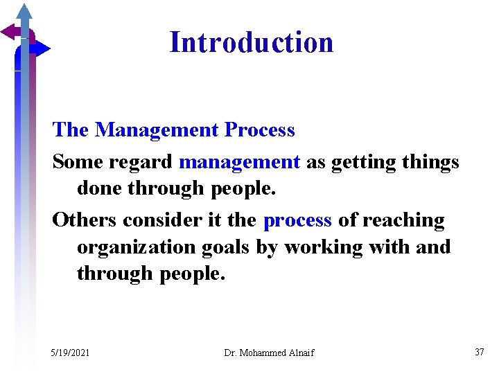 Introduction The Management Process Some regard management as getting things done through people. Others