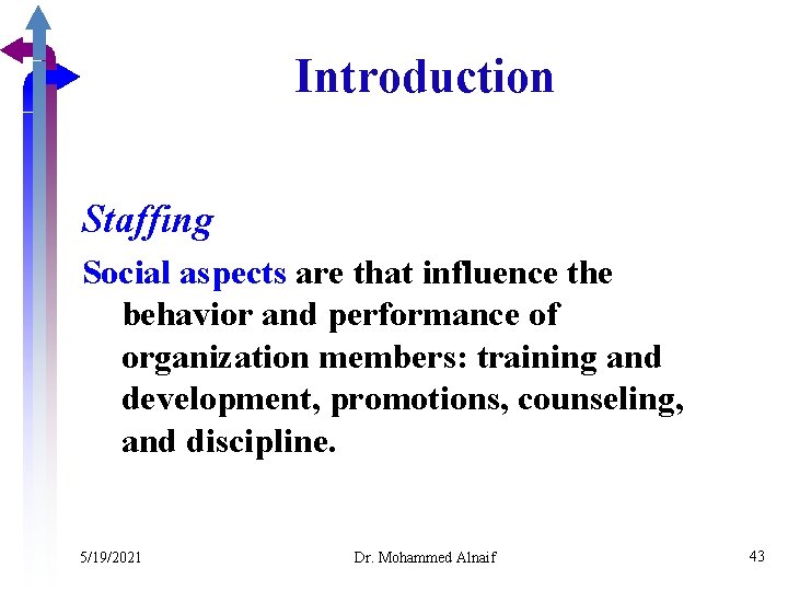 Introduction Staffing Social aspects are that influence the behavior and performance of organization members: