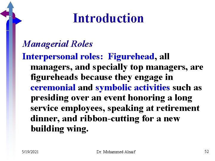 Introduction Managerial Roles Interpersonal roles: Figurehead, all managers, and specially top managers, are figureheads