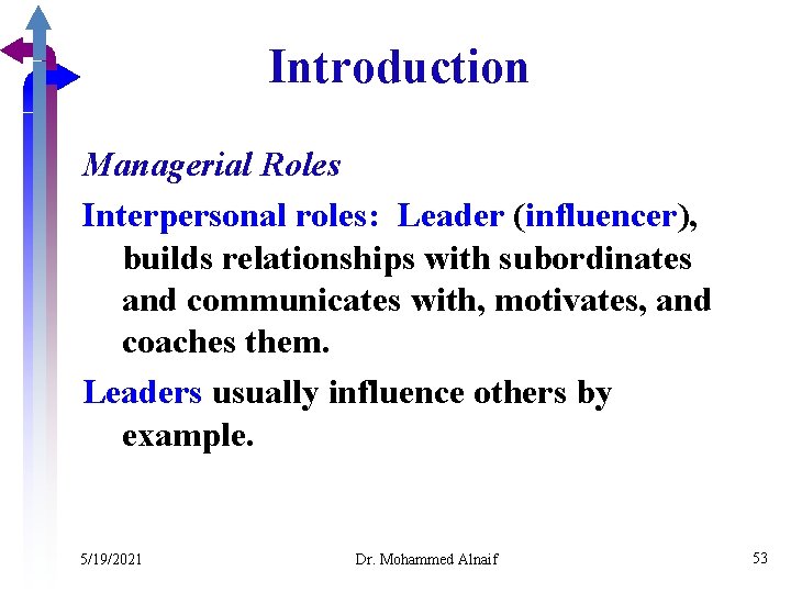 Introduction Managerial Roles Interpersonal roles: Leader (influencer), builds relationships with subordinates and communicates with,