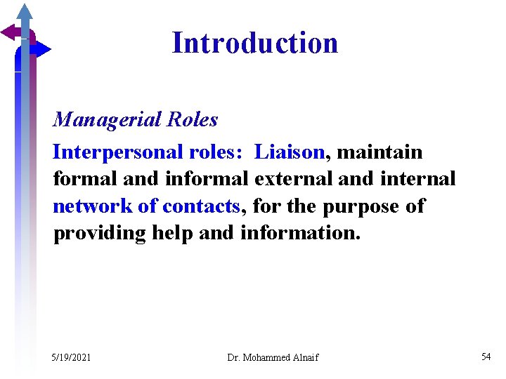 Introduction Managerial Roles Interpersonal roles: Liaison, maintain formal and informal external and internal network