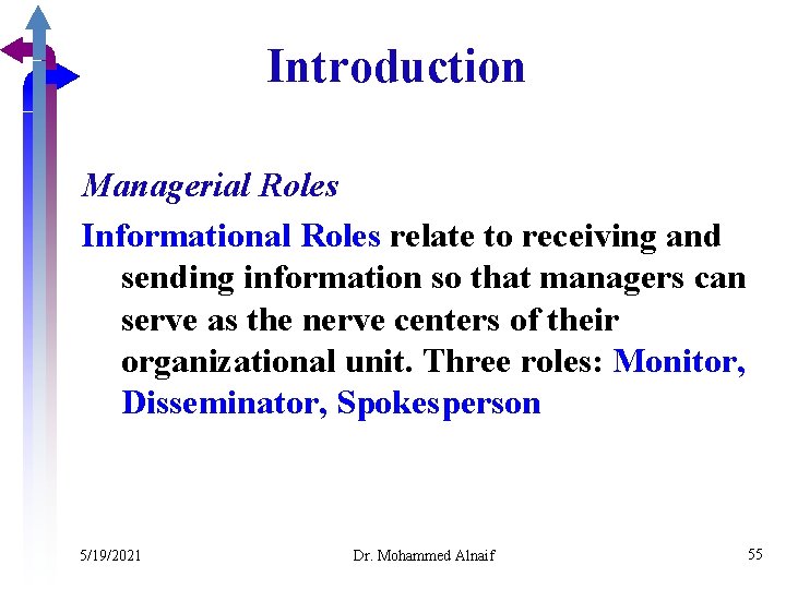 Introduction Managerial Roles Informational Roles relate to receiving and sending information so that managers