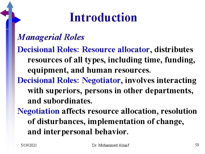 Introduction Managerial Roles Decisional Roles: Resource allocator, distributes resources of all types, including time,