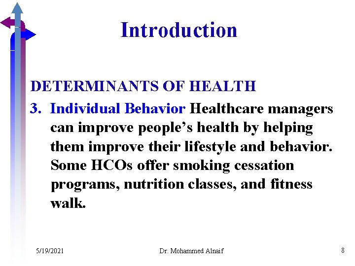 Introduction DETERMINANTS OF HEALTH 3. Individual Behavior Healthcare managers can improve people’s health by