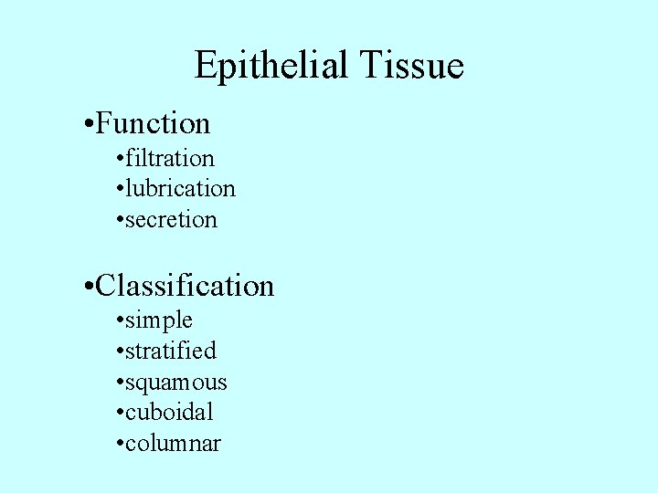 Epithelial Tissue • Function • filtration • lubrication • secretion • Classification • simple