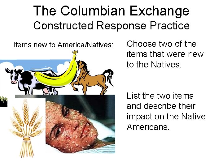 The Columbian Exchange Constructed Response Practice Items new to America/Natives: Choose two of the