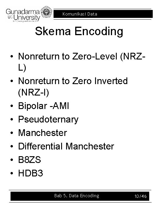 Komunikasi Data Skema Encoding • Nonreturn to Zero-Level (NRZL) • Nonreturn to Zero Inverted