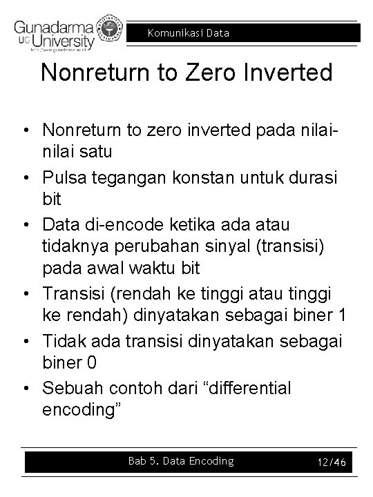 Komunikasi Data Nonreturn to Zero Inverted • Nonreturn to zero inverted pada nilai satu