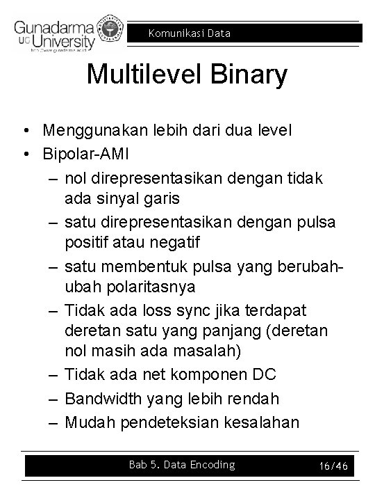 Komunikasi Data Multilevel Binary • Menggunakan lebih dari dua level • Bipolar-AMI – nol