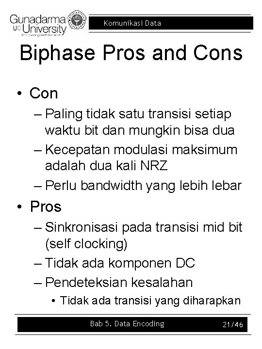 Komunikasi Data Biphase Pros and Cons • Con – Paling tidak satu transisi setiap