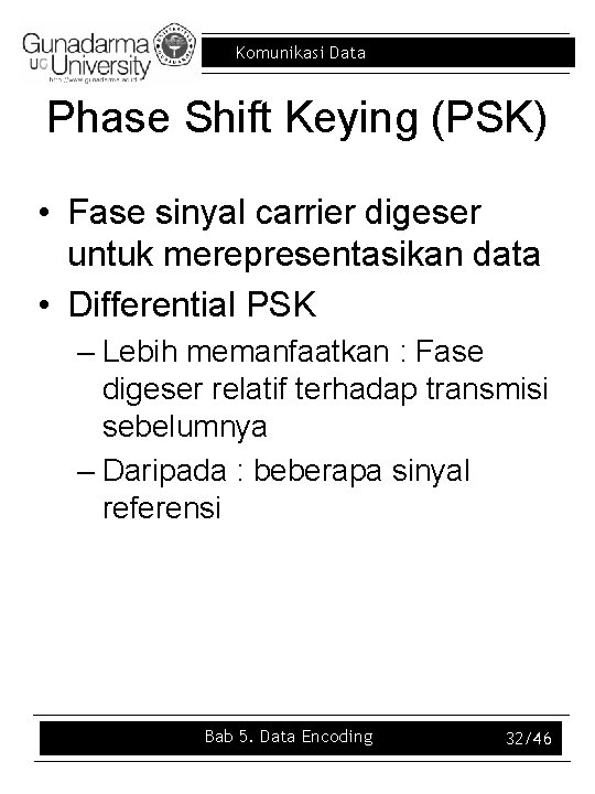 Komunikasi Data Phase Shift Keying (PSK) • Fase sinyal carrier digeser untuk merepresentasikan data