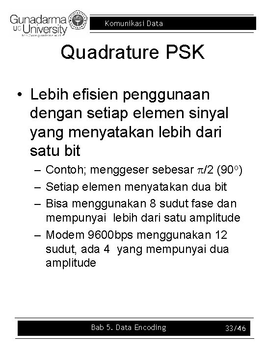 Komunikasi Data Quadrature PSK • Lebih efisien penggunaan dengan setiap elemen sinyal yang menyatakan