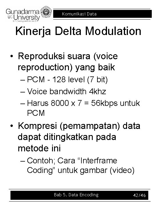 Komunikasi Data Kinerja Delta Modulation • Reproduksi suara (voice reproduction) yang baik – PCM