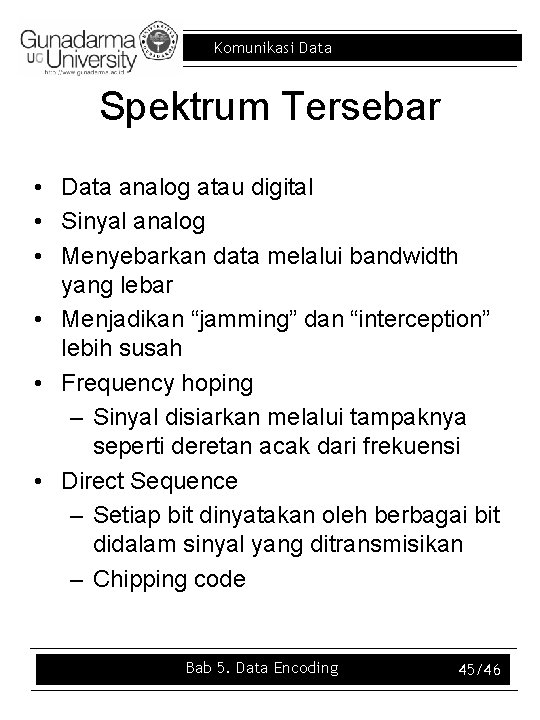 Komunikasi Data Spektrum Tersebar • Data analog atau digital • Sinyal analog • Menyebarkan