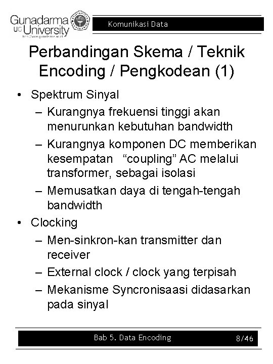 Komunikasi Data Perbandingan Skema / Teknik Encoding / Pengkodean (1) • Spektrum Sinyal –