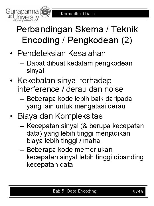 Komunikasi Data Perbandingan Skema / Teknik Encoding / Pengkodean (2) • Pendeteksian Kesalahan –