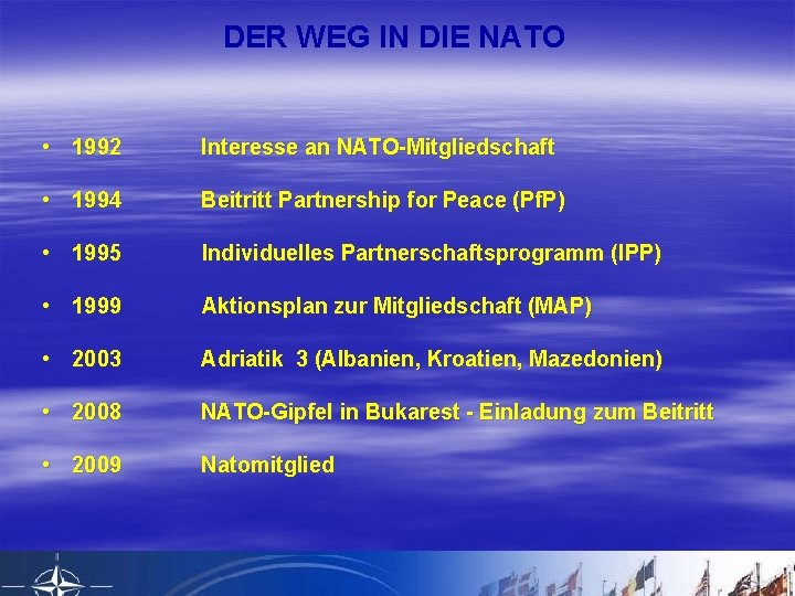 DER WEG IN DIE NATO • 1992 Interesse an NATO-Mitgliedschaft • 1994 Beitritt Partnership