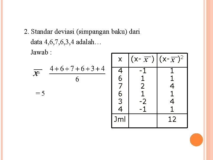 2. Standar deviasi (simpangan baku) dari data 4, 6, 7, 6, 3, 4 adalah…