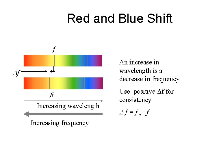 Red and Blue Shift f An increase in wavelength is a decrease in frequency