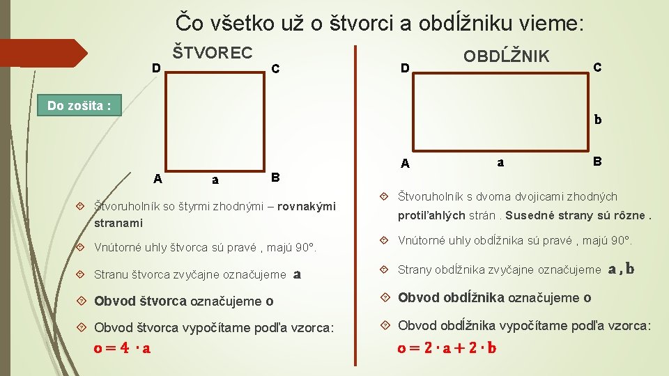 Čo všetko už o štvorci a obdĺžniku vieme: D ŠTVOREC D C OBDĹŽNIK C