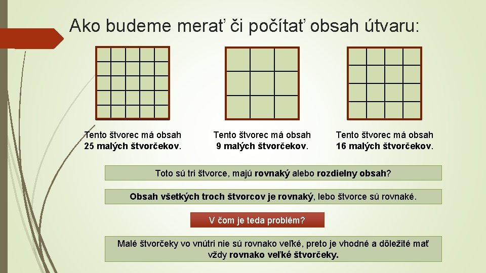 Ako budeme merať či počítať obsah útvaru: Tento štvorec má obsah 25 malých štvorčekov.