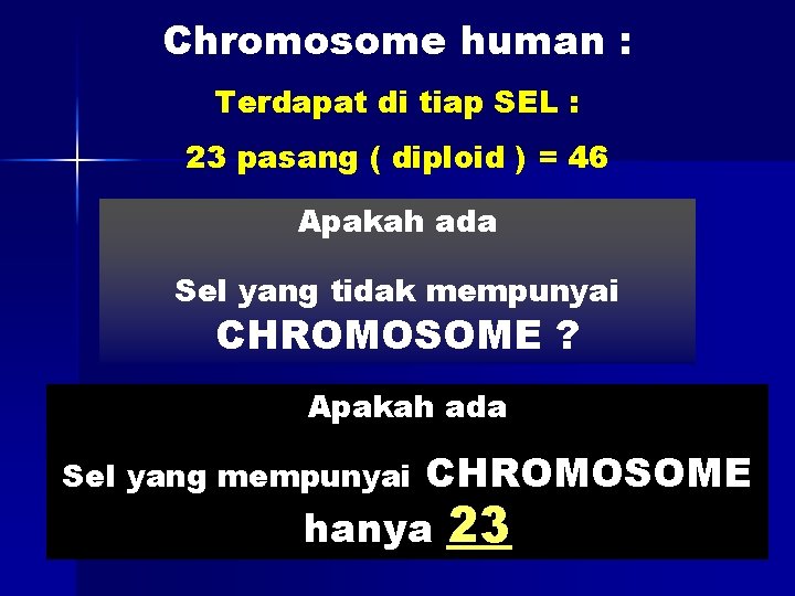 Chromosome human : Terdapat di tiap SEL : 23 pasang ( diploid ) =