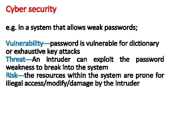 Cyber security e. g. In a system that allows weak passwords; Vulnerability---password is vulnerable