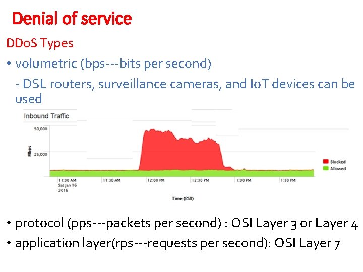 Denial of service DDo. S Types • volumetric (bps---bits per second) - DSL routers,
