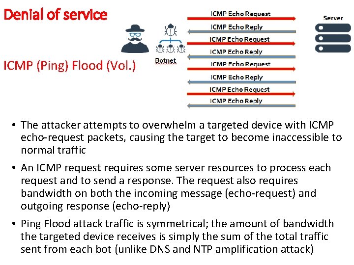 Denial of service ICMP (Ping) Flood (Vol. ) • The attacker attempts to overwhelm