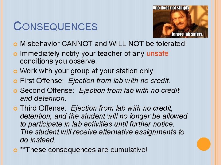 CONSEQUENCES Misbehavior CANNOT and WILL NOT be tolerated! Immediately notify your teacher of any