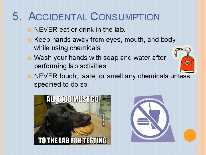 5. ACCIDENTAL CONSUMPTION NEVER eat or drink in the lab. Keep hands away from