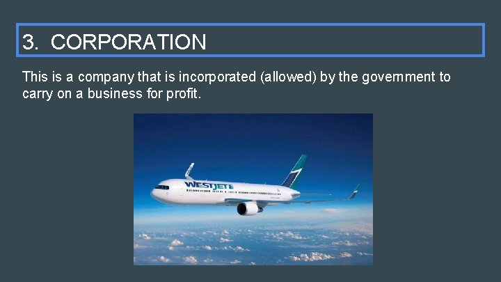 3. CORPORATION This is a company that is incorporated (allowed) by the government to