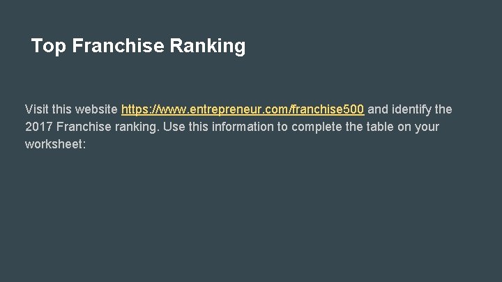 Top Franchise Ranking Visit this website https: //www. entrepreneur. com/franchise 500 and identify the