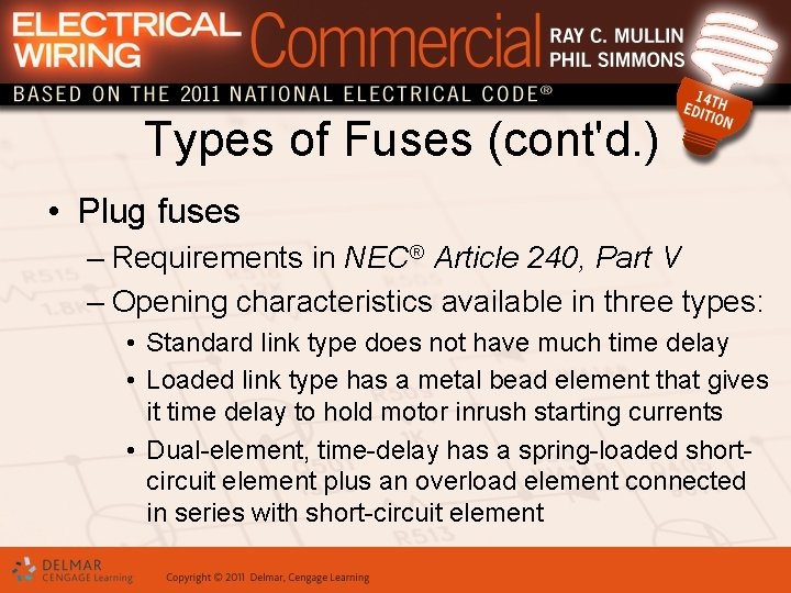 Types of Fuses (cont'd. ) • Plug fuses – Requirements in NEC® Article 240,