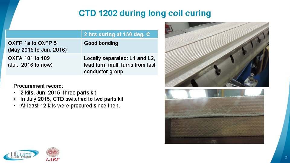 CTD 1202 during long coil curing 2 hrs curing at 150 deg. C QXFP