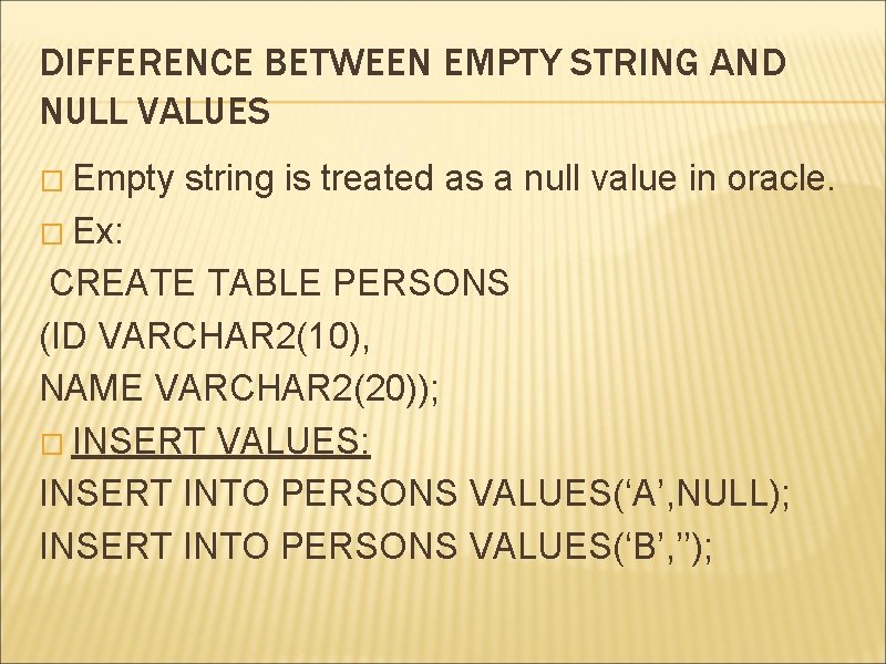 DIFFERENCE BETWEEN EMPTY STRING AND NULL VALUES � Empty string is treated as a